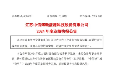 中信博2024年度业绩快报：全年营收近90亿